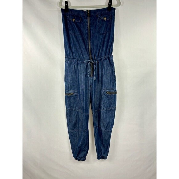 YFB Young Fabulous & Broke Denim Strapless Jumpsuit Dark Denim 4 Cargo Pockets - Picture 2 of 12